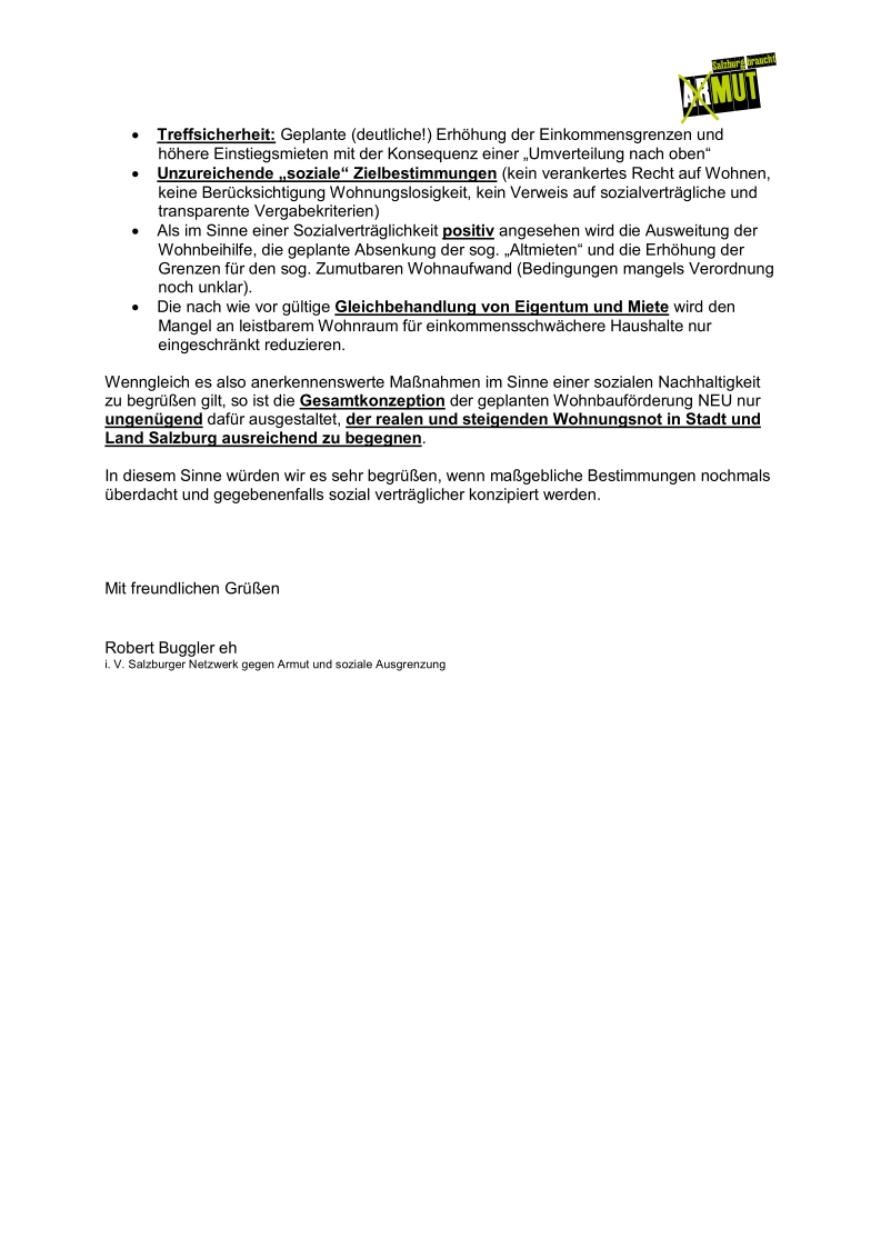 Begleitschreiben, Stellungnahme zum Salzburger Wohnbauförderungsgesetz 2015